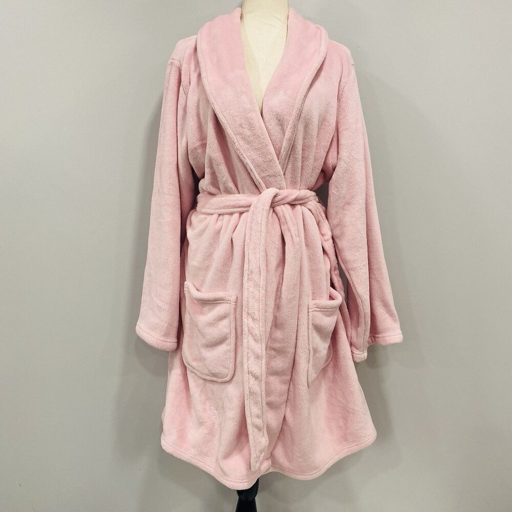 NWT VICTORIA'S SECRET XL/XXL Cozy Short Plush Pink Bath Robe Pretty Blossom Logo